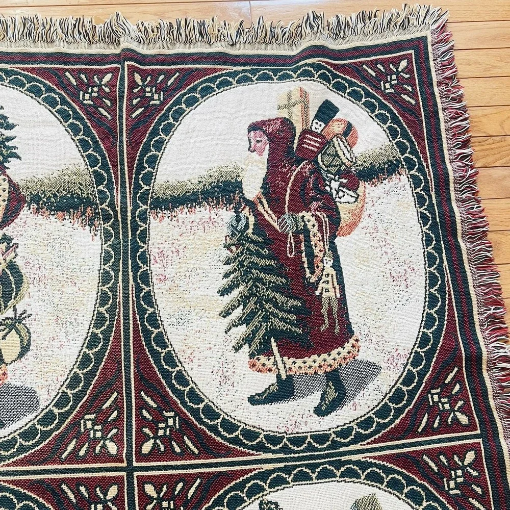Vtg Tapestry Throw Blanket Christmas Mr Santa Claus Cotton‎ 50x60 READ